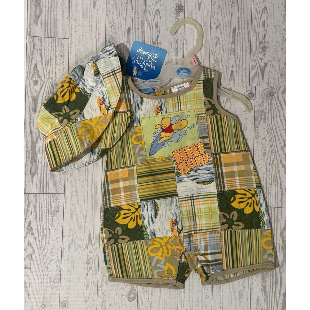 Vintage Disney Store Winnie the Pooh Patchwork Romper & Hat NWT 0/3 Mon
